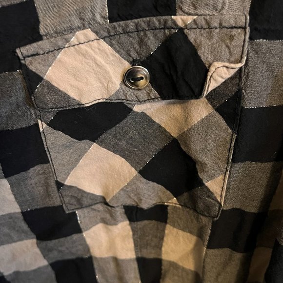 Cato Black Tan Silver Metallic Check Button Pointed Collar Top 26/28 Lightweight - Picture 5 of 8